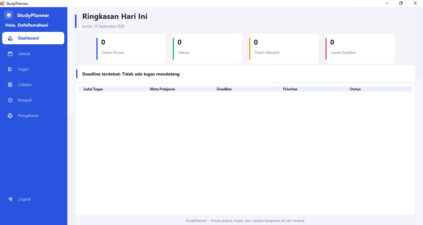 Dashboard Study Planner - ringkasan tugas mendatang, countdown deadline, navigasi sidebar